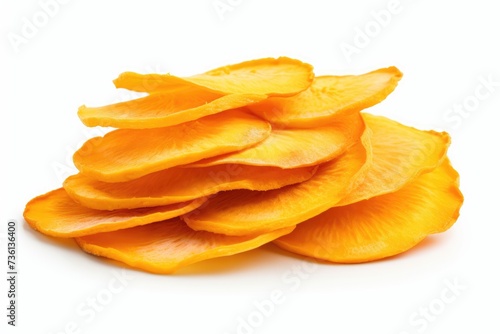 Dried mango slices on white background