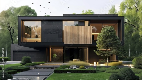 Modern luxury minimalist cubic house, villa with wooden cladding and black panel walls and landscaping design front yard. Copy space for text. © Naknakhone