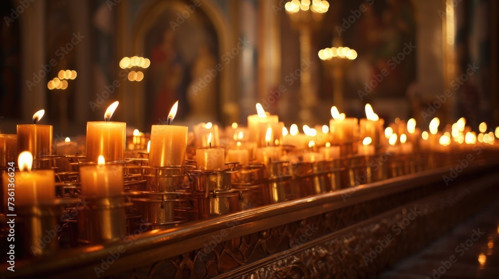 Hallowed Orthodox Church with Blurred Wax Burning Candles and Icon Background Depicting Holy