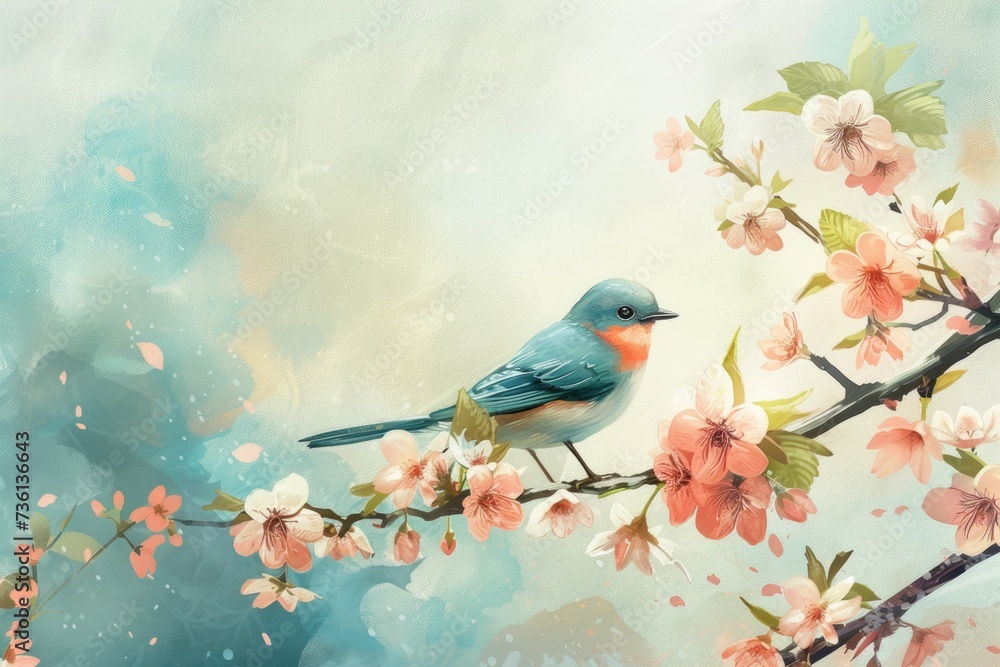 Little bird sitting on branch of blossom cherry tree. Spring time.