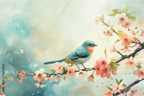 Little bird sitting on branch of blossom cherry tree. Spring time. © Lubos Chlubny