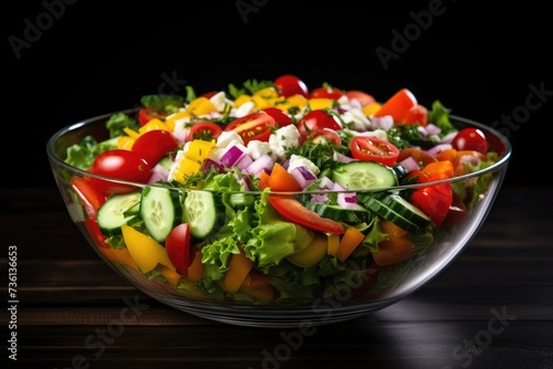 Mixed vegetable salad in clear glass bowl.