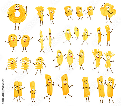 Cartoon italian pasta characters. Isolated vector capellini , campanelle, tubetti and fettuccine. Gnocchi, gemelli, rotini, sedani rigati and bucatini, gnocchetti sardi or casarecce funny personages