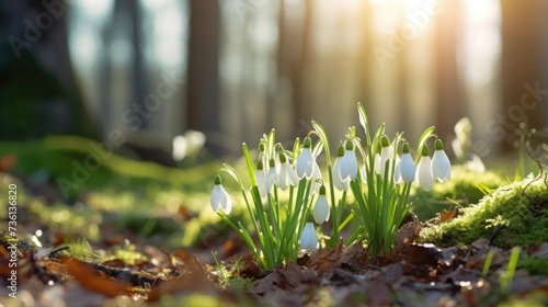 Snowdrop flowers blooming in snow covering. First spring flowers