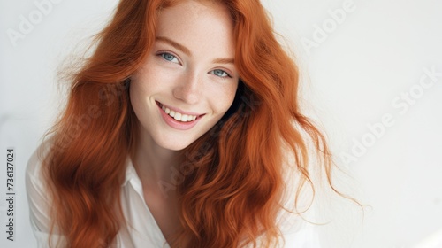 Stunning Redhead Model with Long Ginger Hair. Cheerful Beauty Portrait on White Background 