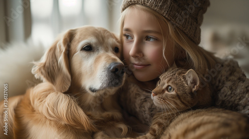 animal love, a girl hugs her cat and dog