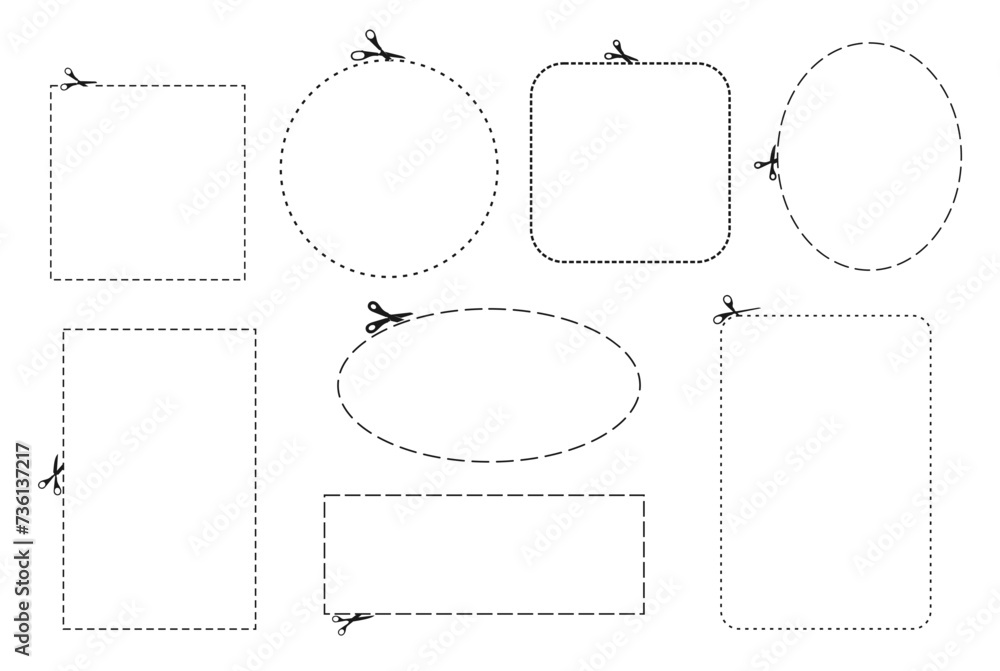 Cut here line dash, coupon discount outline frames with scissors, vector circles and squares icons. Cut here line symbols for coupon cutout, dotted frames and cutter dash shapes with curved edges - obrazy, fototapety, plakaty 