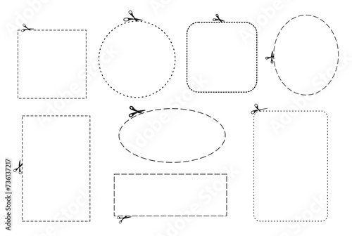 Cut here line dash, coupon discount outline frames with scissors, vector circles and squares icons. Cut here line symbols for coupon cutout, dotted frames and cutter dash shapes with curved edges photo
