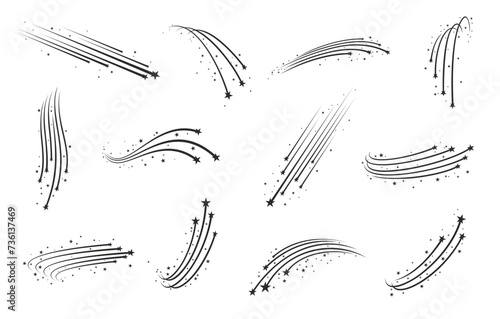 Shooting stars, falling comets with trails and tails, meteor silhouettes and Christmas starburst, vector icons. Flying stars meteorites or firework shoot of magic sparks and sparkles with black tails