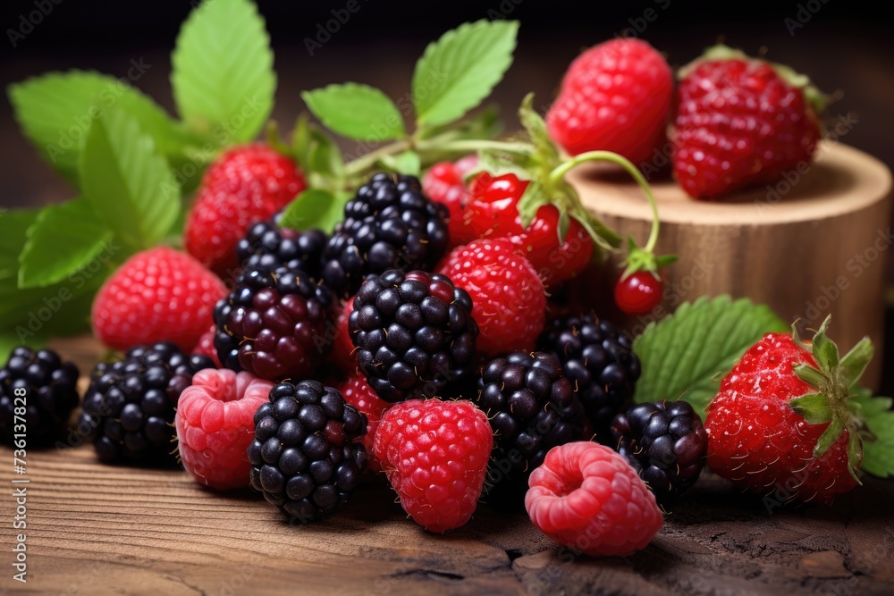 Sweet Berries on Rustic Wood Background. Organic Raspberry, Strawberry and Blackberry Over Wooden Sweet Berries on Rustic Wood Background. Organic Raspberry, Strawberry and Blackberry Over Wooden