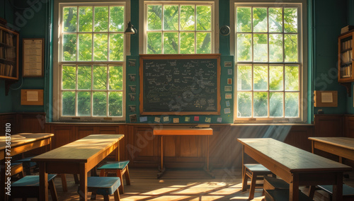  traditional classroom interior with wooden desks, chalkboard, and sunlight filtering through windows
