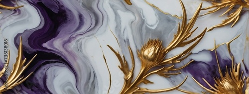 Thistle abstract white marble background art paint pattern ink texture watercolor moonstone gold fluid wall.