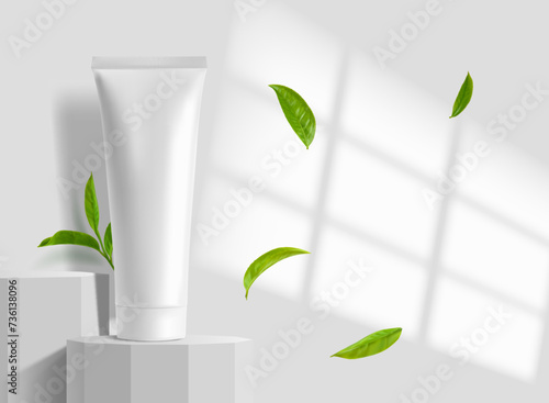 Realistic white cosmetic cream tube mockup on podium with green leaves, vector background. Cosmetics and skincare ad template with face cream or moisturizer and lotion tube container on podium