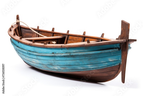 Wood Boat Isolated on White Background. Wooden Fishing Vessel in Blue and Green Colours with Dark © Serhii