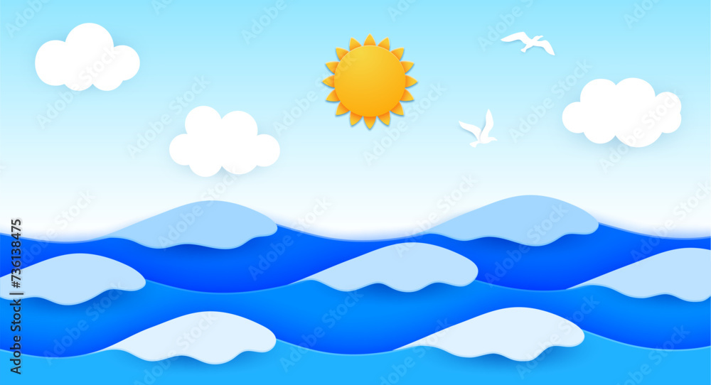 Ocean paper cut landscape with surf waves, sun and seagulls. Vector background with 3d papercut gentle breeze, clouds and gulls soar, painting the sky with freedom, unfold on the tranquil ocean canvas Ocean paper cut landscape with surf waves, sun and seagulls. Vector background with 3d papercut gentle breeze, clouds and gulls soar, painting the sky with freedom, unfold on the tranquil ocean canvas
