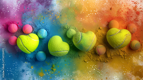 Heart-Shape tennis balls on abstract colorful dust Background, love to tournaments and competitions, activity, Wimbledon, sport photo