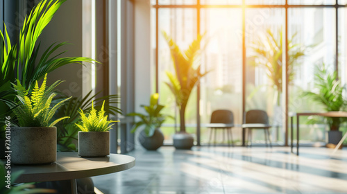 A breakout area in an office with floor-to-ceiling windows  adorned with tall indoor plants  merging indoor and outdoor spaces  office interiors  blurred background  with copy space