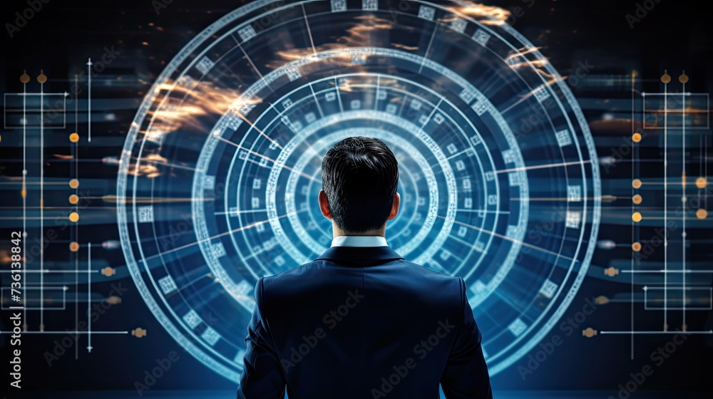 Businessman aims arrow at a virtual target dartboard, precision in setting objectives for business investments visualizes strategic approach to achieving goals and hitting targets in business Businessman aims arrow at a virtual target dartboard, precision in setting objectives for business investments visualizes strategic approach to achieving goals and hitting targets in business