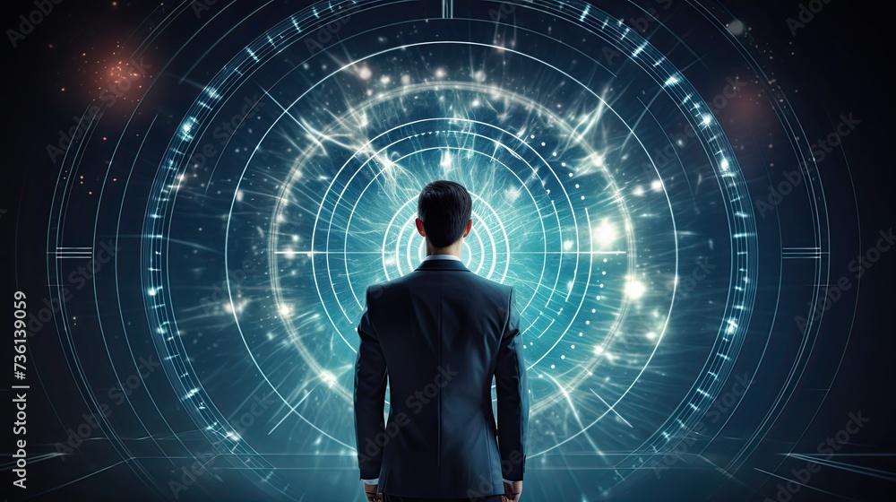 Businessman aims arrow at a virtual target dartboard, precision in setting objectives for business investments visualizes strategic approach to achieving goals and hitting targets in business Businessman aims arrow at a virtual target dartboard, precision in setting objectives for business investments visualizes strategic approach to achieving goals and hitting targets in business