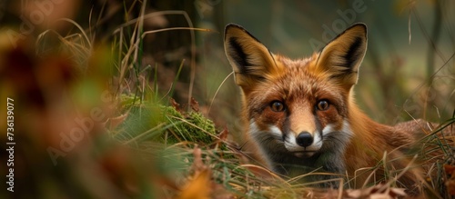 Vibrant red fox exploring the lush green grass in a close up shot of wildlife beauty