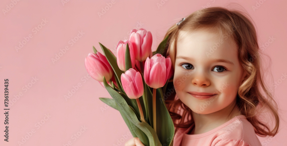 little girl with tulips on a pink background, little girl with tulips on a pink background,