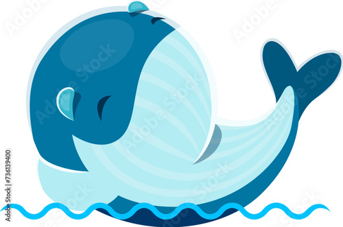 Cartoon cute kawaii whale character. Isolated vector charming sea animal blissfully reclines on gentle waves, wearing contented expression. Its adorable features evoke a sense of relaxation and whimsy