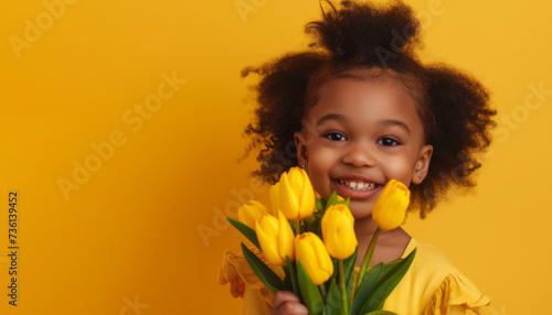 little girl with tulips on a yellow background #736139452