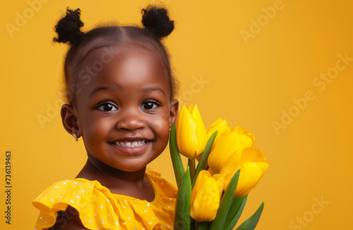 little girl with tulips on a yellow background