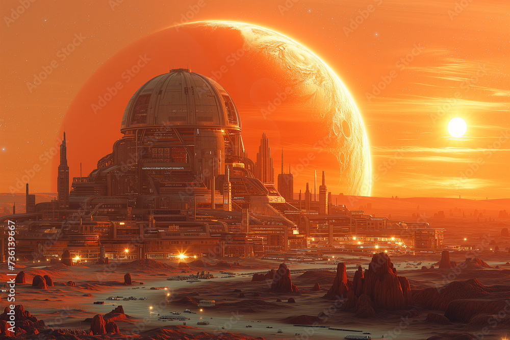 Obraz premium Space colony on distant exoplanet, where humans have successfully established a self-sustaining community, alien landscape
