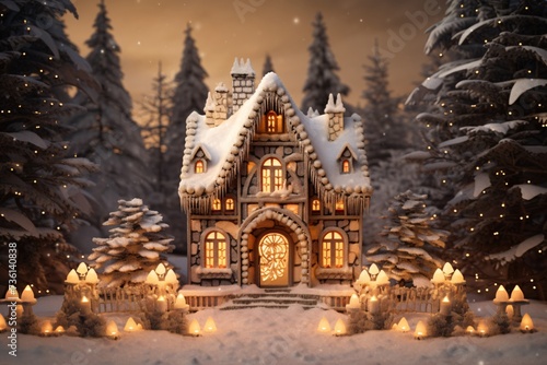 a house with lights and trees in the snow