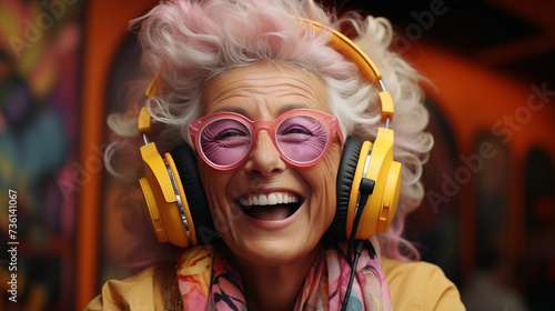 Mature smiling woman with glasses and yellow headphones is listening to music. Selective focus. Copy space. Music concept. Colourful background 