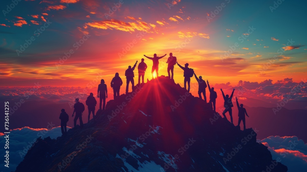 Silhouette back group of man team celebrating success on top mountain, sky and sunset background. Business, teamwork, achievement and person concept. Vector illustration.