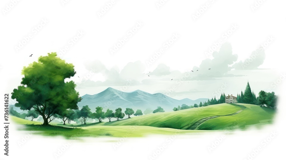green landscape isolated on white background, nature, mountain, trees, sky, forest, background, hill, watercolor, scenery, morning, summer, travel, recreation, relax