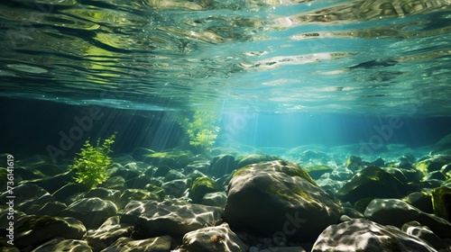 underwater of river natural landscape with stone pebble and water tree leaf flow in water beautiful nature background 
