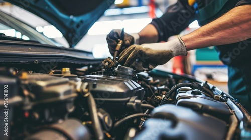 mechanic is doing the annual car inspection. Car repair shop is ready to serve. Car mechanic inspects car engine problems technical inspection engine safety Maintenance Changing the engine oil photo