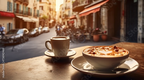 Vacations and recreation day, Cup of espresso coffee with slices of pizza with beautiful Italian street, relax, cafe, breakfast, morning, white, beverage, hot, caffeine