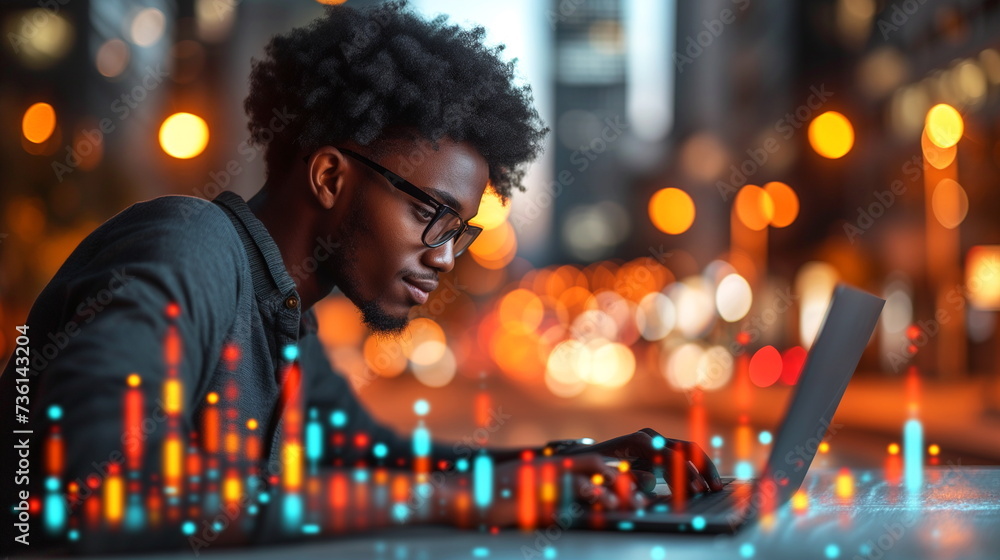 A man analyzes financial data on a laptop with glowing stock market graphs at night. A man analyzes financial data on a laptop with glowing stock market graphs at night.