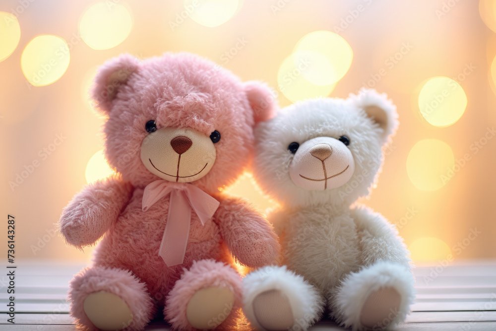 Close-up of two plush teddy bears with a blurred background featuring bokeh effect, capturing the charming innocence of the toys amidst a dreamy and whimsical atmosphere Close-up of two plush teddy bears with a blurred background featuring bokeh effect, capturing the charming innocence of the toys amidst a dreamy and whimsical atmosphere