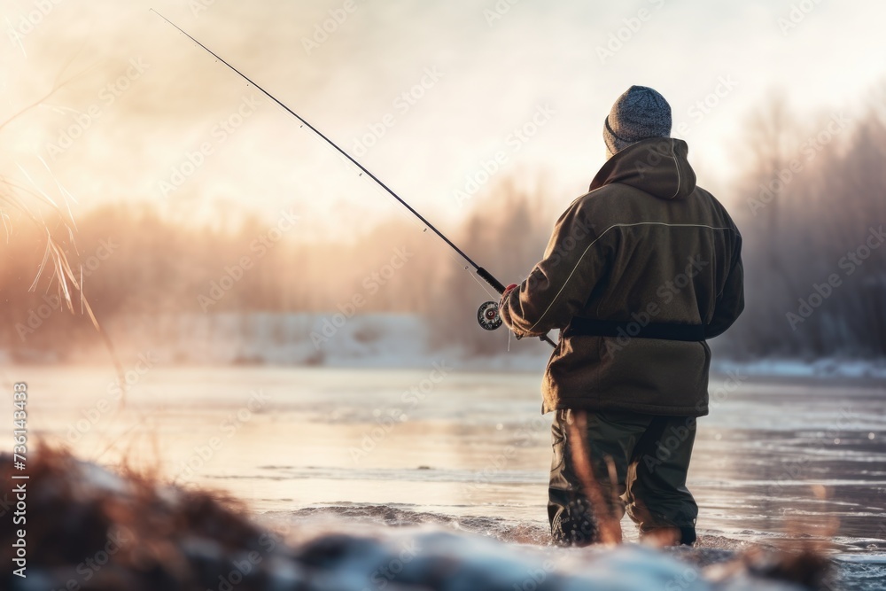 A man fishing on a frozen lake during winter. Suitable for outdoor and winter activity themes A man fishing on a frozen lake during winter. Suitable for outdoor and winter activity themes