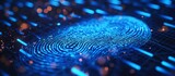 Detailed close-up of a unique fingerprint pattern on a modern blue background