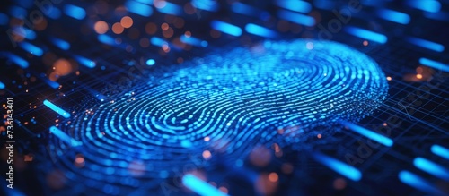 Detailed close-up of a unique fingerprint pattern on a modern blue background photo