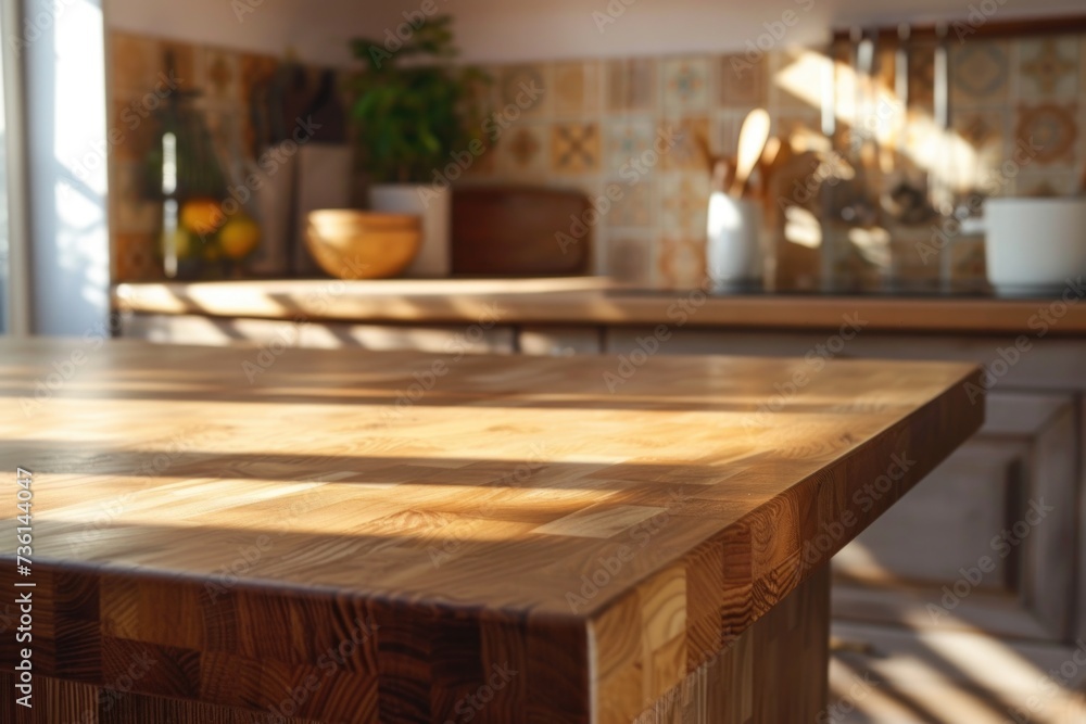 A wooden counter top in a kitchen next to a window. Perfect for showcasing a cozy and well-lit kitchen space