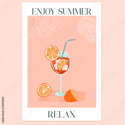 Spritz Cocktail. Glass with drink, ice and orange slices. Poster with Summer Italian aperitif. Vector illustration with alcoholic beverage decorated with tropical plants on background.