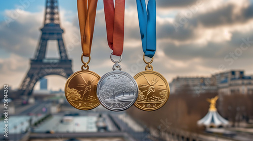 Paris olympics games France 2024 ceremony medal running sports Eiffel tower summer artwork painting commencement torch gold silver bronze