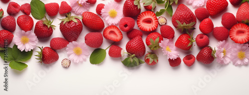 Strawberries and Raspberries with Pink Flowers Overhead