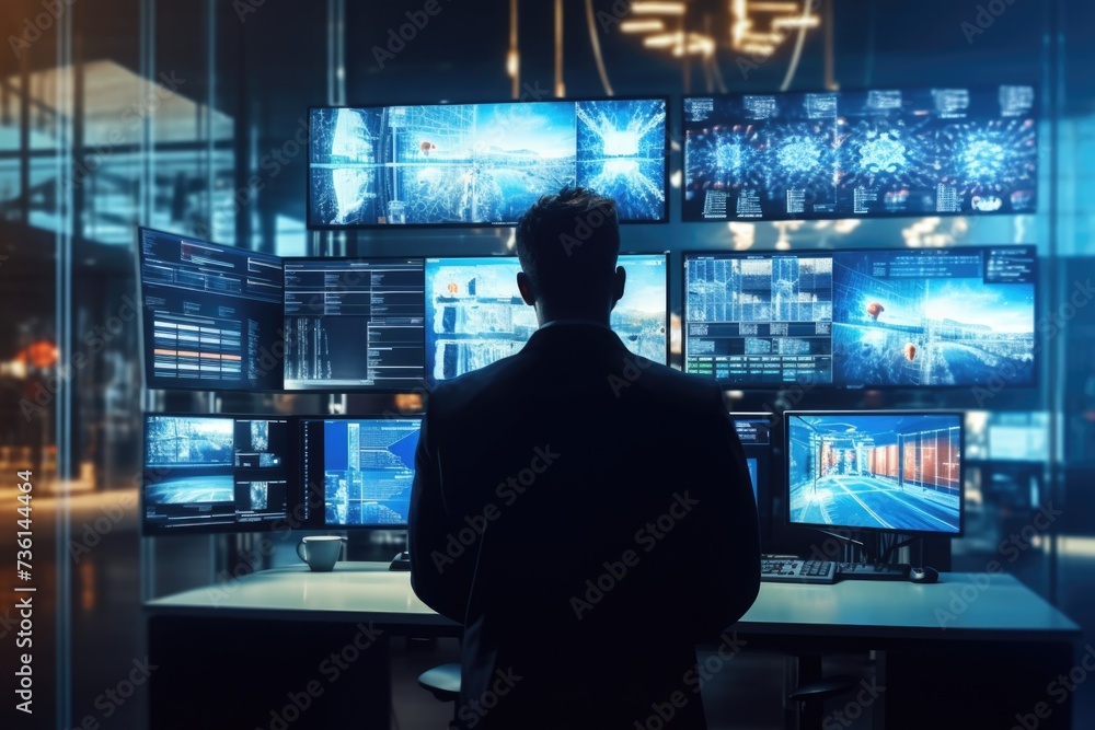 A man sitting at a desk in front of multiple monitors. Perfect for technology and work-related concepts A man sitting at a desk in front of multiple monitors. Perfect for technology and work-related concepts