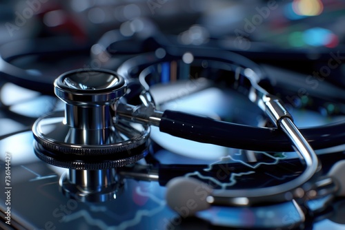 A close-up view of a stethoscope resting on top of a cell phone. This image can be used to represent telemedicine or healthcare technology photo