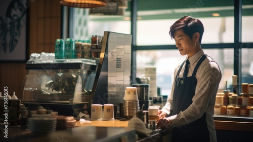 A man standing at a counter in a coffee shop. Suitable for coffee shop advertisements or articles about the coffee industry