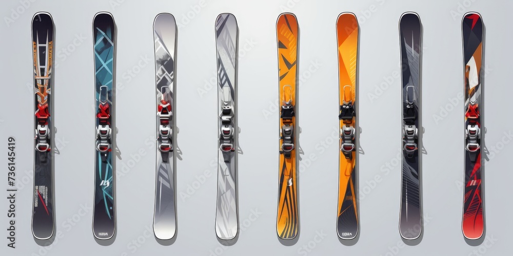 A row of skis lined up next to each other. Can be used to depict winter sports or outdoor activities