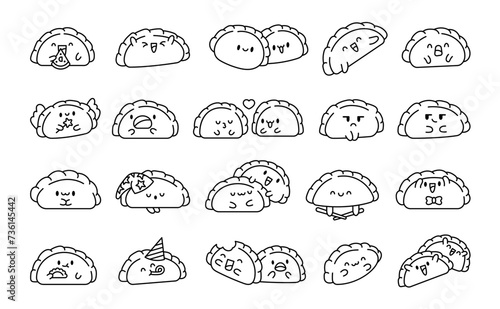 Cute kawaii dumpling. Coloring Page. Cartoon Chinese food characters. Hand drawn style. Vector drawing. Collection of design elements.